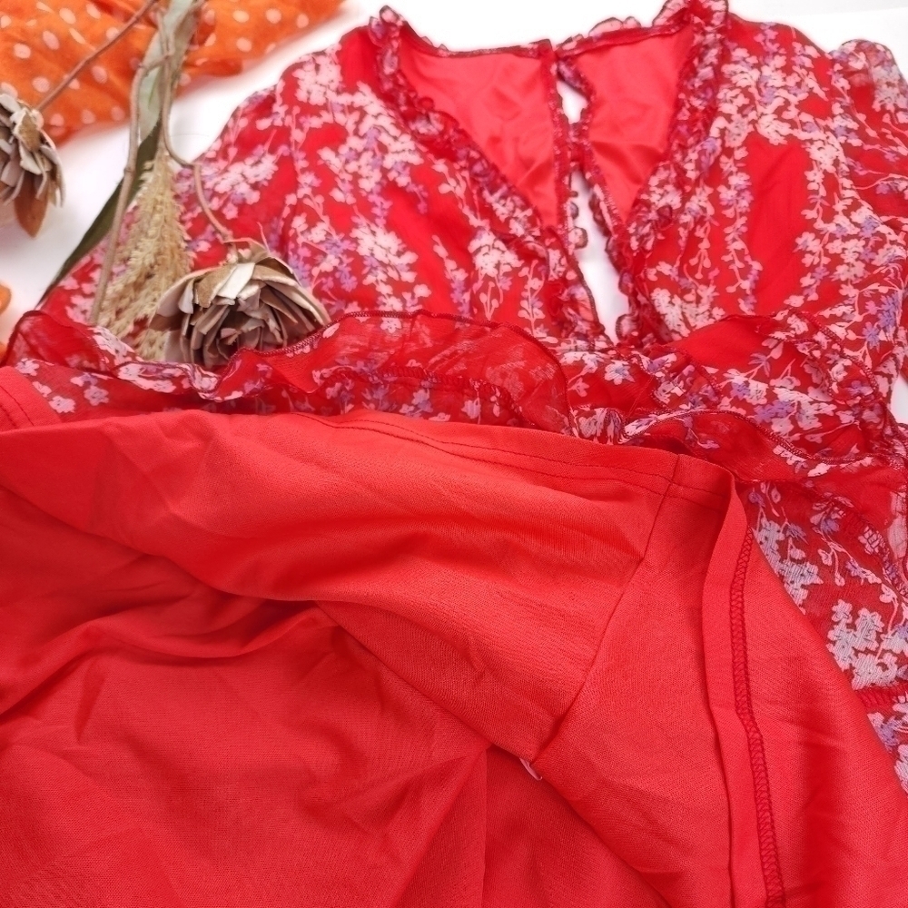 Red Pink Floral Boho Gorgeous Keyhole Back Dress Size M - Picture 9 of 14